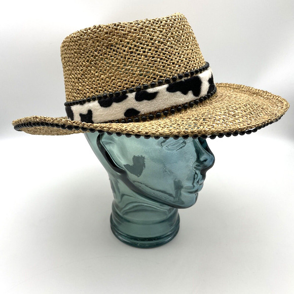 The Scala Collection Straw Hat with Fuzzy Cow Print Band & Black Studs One Size - Picture 1 of 7